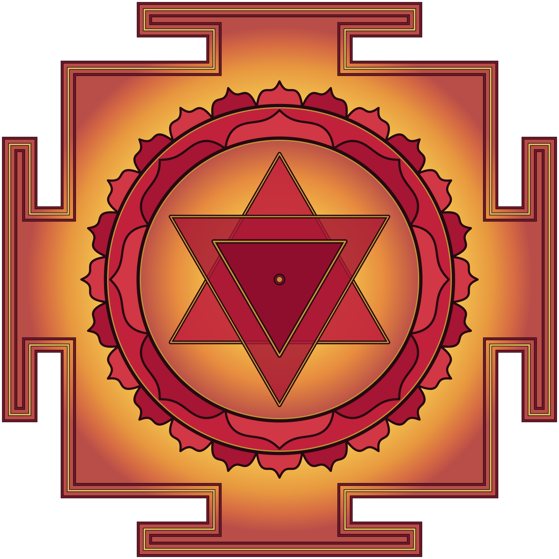Caṇḍikā yantra in red and gold, with a central downward triangle, intersecting triangles, lotus petals, and four outer gates.